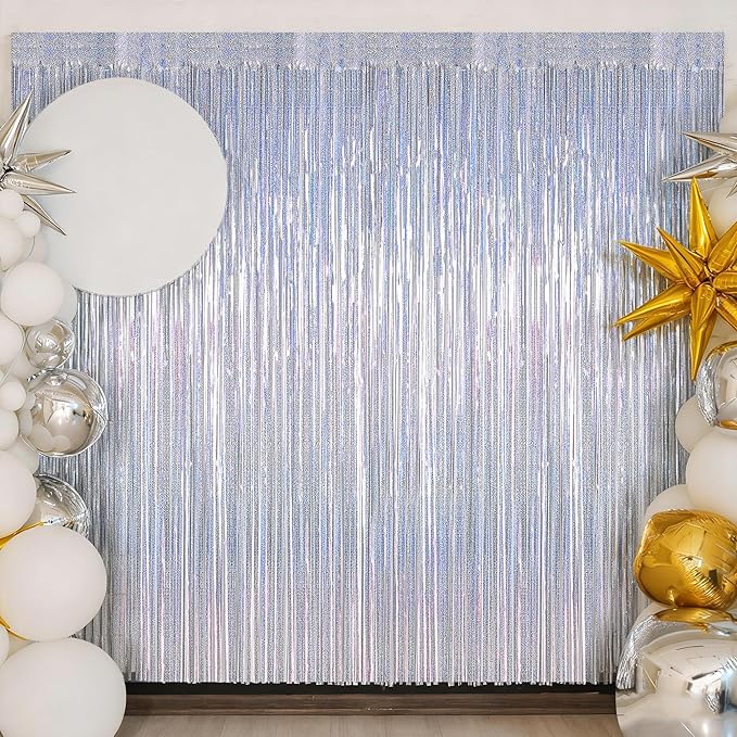 2 Pack New Year Party Decorations, 3.28 FT x 7.05 FT Glitter Silver Fringe Curtains, Metallic Party Streamer Tinsel Backdrop Foil Curtains, NYE Party Supplies Engagement Decor