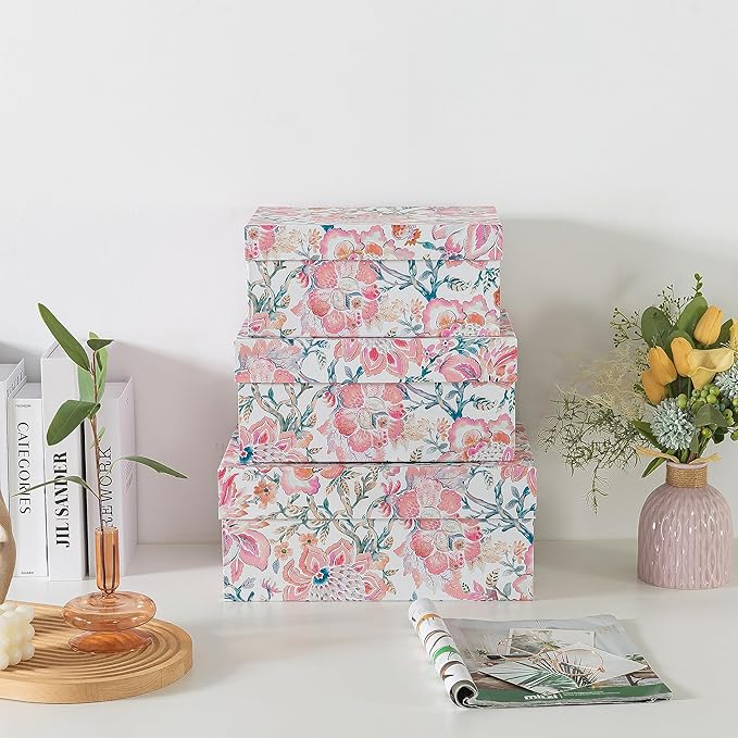 Soul & Lane Decorative Storage Boxes with Hinged Lids, Pink Chinoiserie - Set of 3 Floral Memory Keepsake Boxes with Lids, Pretty Large Cardboard Photo Storage for Organizing, Home Décor, Gifts