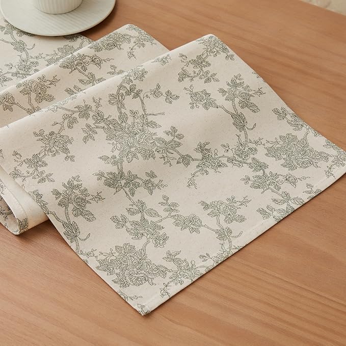 100% Cotton French Pastoral Table Runners, 13x60 Inch Green Farmhouse Table Runners 60 Inches Long, Vintage Flowers Print Home Decors