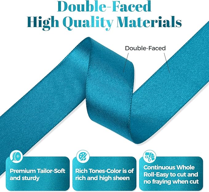 Turquoise Blue Satin Ribbon, Double Faced 1 Inch X 50 Yards Turquoise Ribbon, Premium Satin Ribbon for Gift Wrapping, Crafts, Hair Bow Making, Sewing, Flower Bouquet, Wedding Party Decor