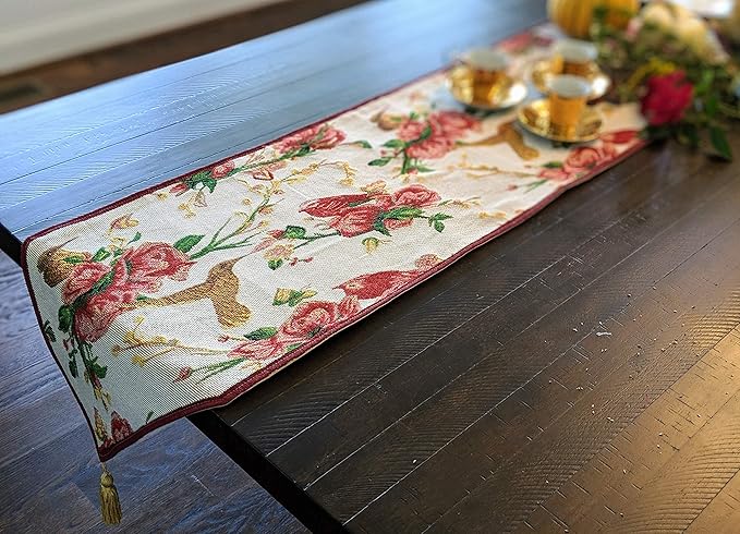 Tache Floral Red Roses Birds Ivory Woven Table Runner - Vintage Tapestry Kitchen Dining Dinner Linens Cloth - 13 x 54 inches