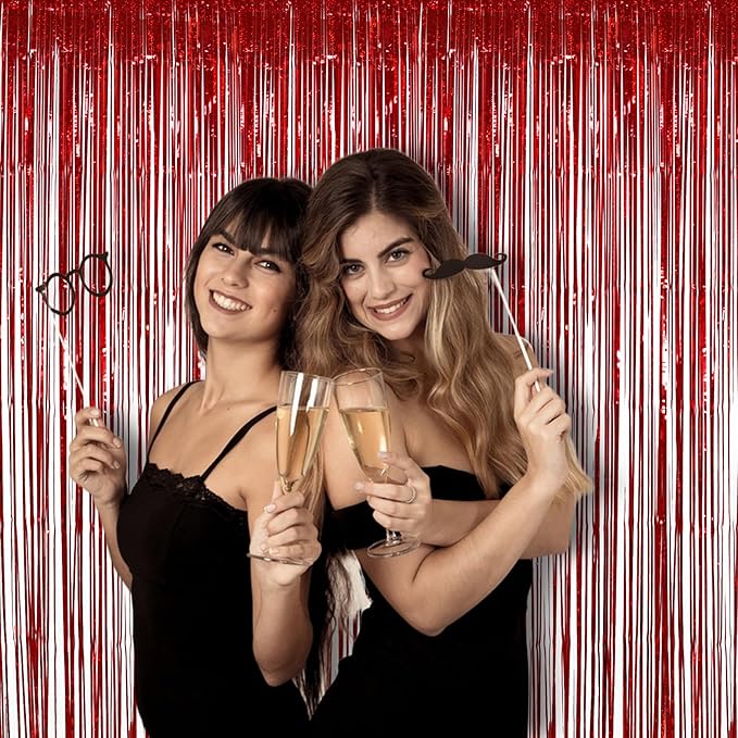 Red Tinsel Curtain Party Streamer, Foil Curtain Backdrop Photo Booth Props for Birthdays Bridal Shower Valentines New Years Party Decorations - 2 Pack 3.2×8.2ft