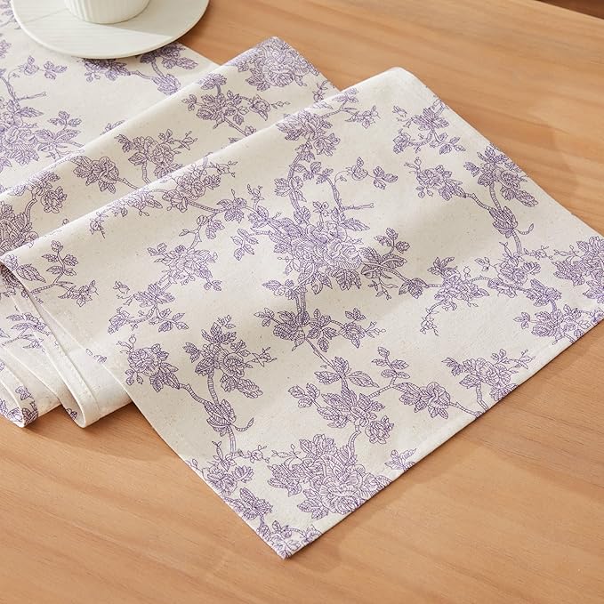 100% Cotton French Pastoral Table Runners, 13x90 Inch Purple Farmhouse Table Runners 90 Inches Long, Vintage Flowers Print Home Decors