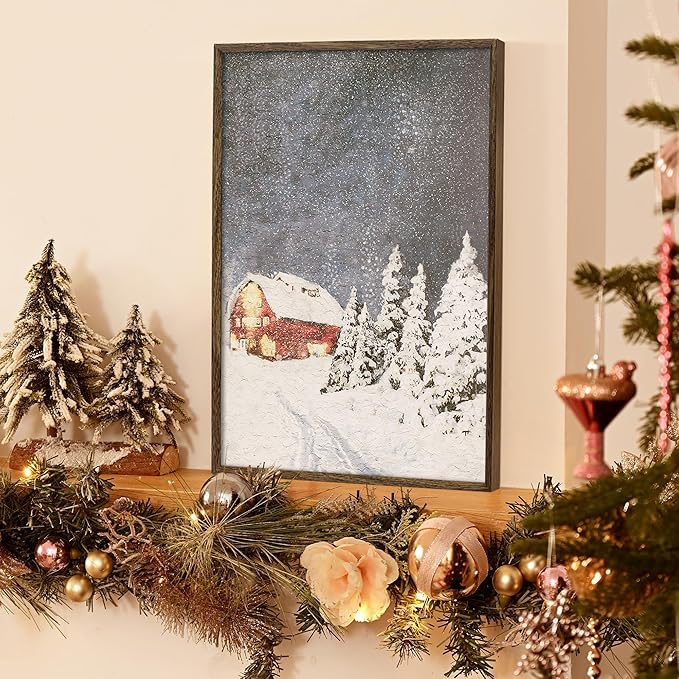 ArtbyHannah Framed Christmas Canvas Wall Art Decor Set of 2, Large Xmas Pictures Prints Paintings for Living Room Bedroom, Winter Holiday Home Indoor Decorations with Red House and Tree (16x24 Inch)