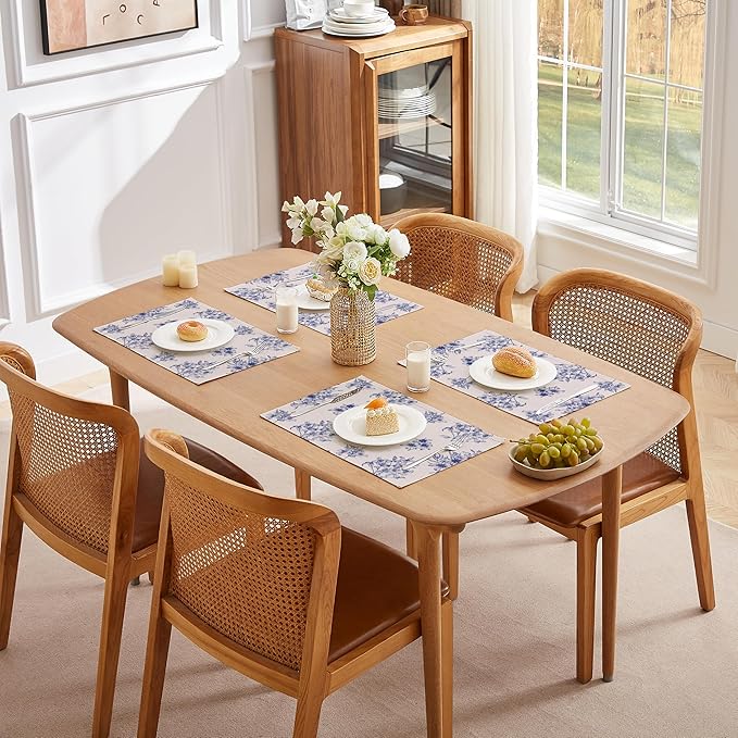 LilyCat Linen Fabric Blue Floral Placemats, Waterproof Durable Boho Dining Table Mats for Kitchen, Rustic Vintage Washable Place Mats Set of 4, 18’’× 12’’