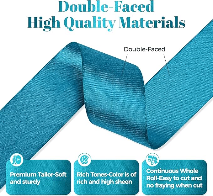 Premium Turquoise Blue Satin Polyester Ribbon, 1.5 Inch x 50 Yards, Double Faced, Perfect for Gift Wrapping, Wedding, Birthday, Anniversary, Special Occasions
