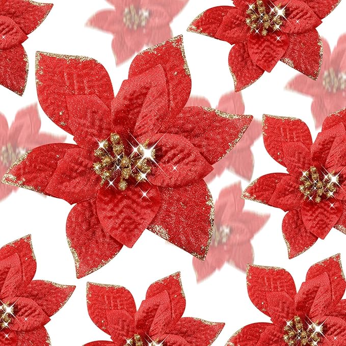 WILLBOND 24 Pcs 3 Size Poinsettia Flower Artificial Christmas Decor Glitter Poinsettia Christmas Ornaments Faux Flowers for Xmas Tree Outdoor(4/6/7.9 Inches,Red)