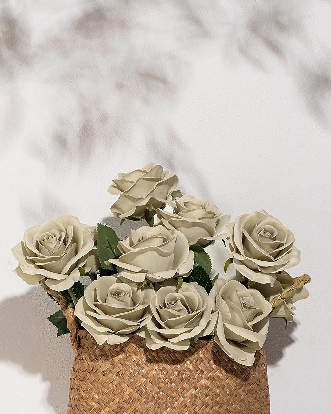 DuHouse 10pcs Silk Roses Artificial Flowers Fake Rose for Arrangement Wedding Party Home Decoration (Sand)