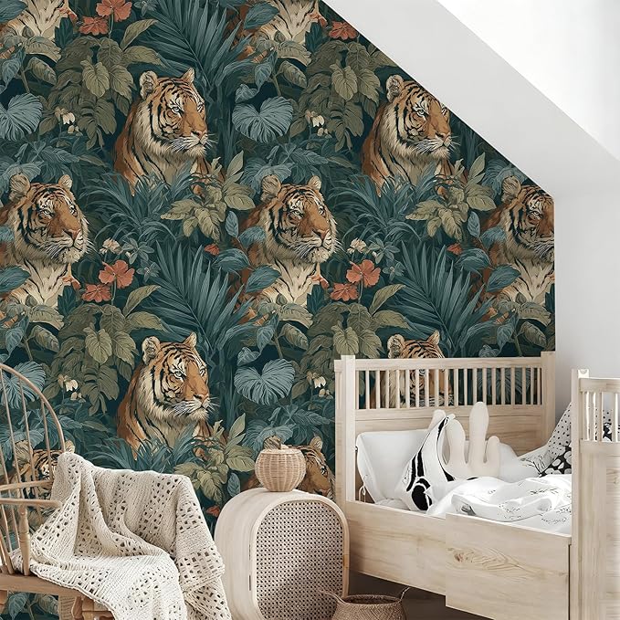 Jungle Peel and Stick Floral Bird Contact Paper Fierce Tiger Removable Botanical Leaf Wallpaper 17.7" x 118.11" Wall Paper Watercolor Self Adhesive for Classroom Bedroom Laundry Room Bathroom