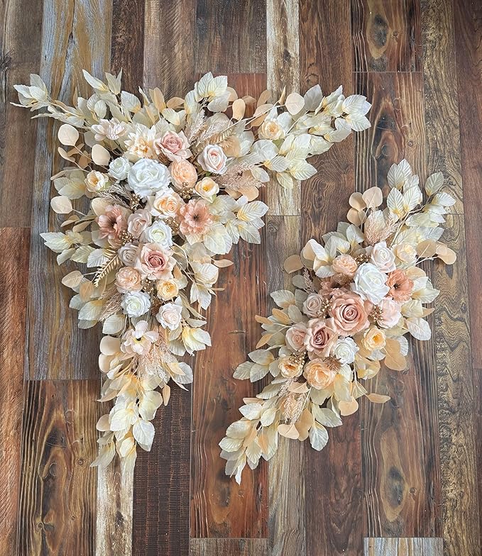 Wedding Arch Flowers Kit Pack of 5,2pcs Boho Artificial Floral Swag Arrangement and 3pcs Fabric Drap for Wedding Flower Arch Decor Ceremony Arbor Reception (Beige)