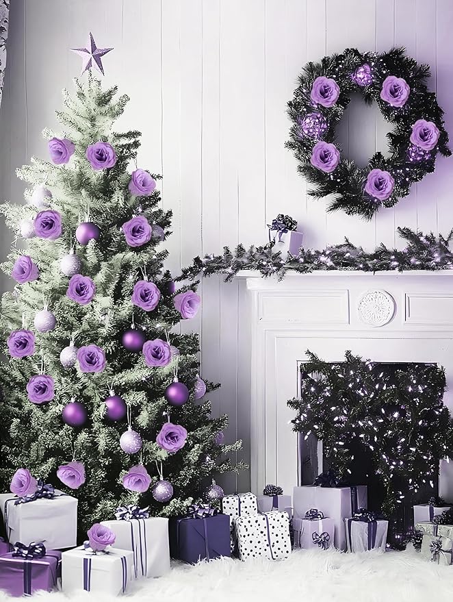 Artificial Roses with Stems,30PCS Glitter Roses Bouquet Lilac Flowers for Wedding Bouquet Party Christmas Home Decor(Lilac)