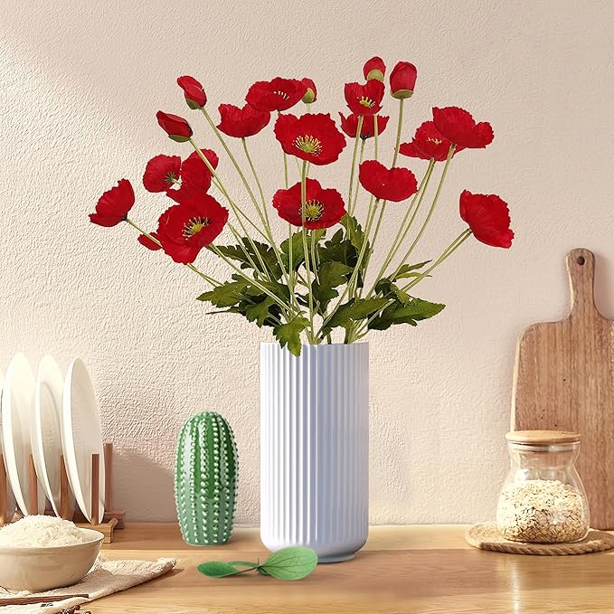 ATFL Red Poppy Flowers Artificial for Wedding Decorations,12 Pcs Fake Faux Silk Poppies Bulk for Home Decor Table Centerpieces Floral Arrangement (23.5‘’, red)