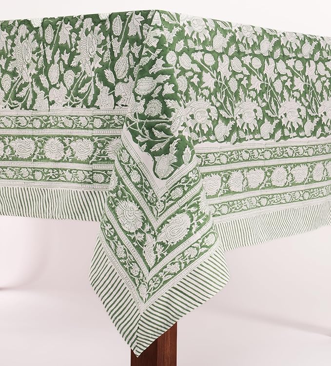 ATOSII Meraki Green 100% Cotton Rectangle Tablecloth, Hand Block Print Washable Table Cover, Dining, Christmas Parties, Outdoors, Weddings, Thanksgiving, Halloween, Fall Decor 60 X 90 Inches, 6 Seater