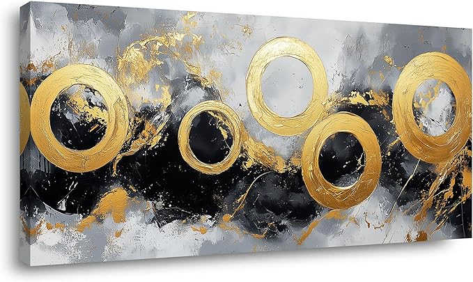IDAFU Black Gold Abstract Canvas Wall Art Golden Circular Design Wall Décor,Modern Minimalist Black Gold Pictures Ready for for Living Room, Bedroom, Hallway Office Wall Decor 30L x 16W