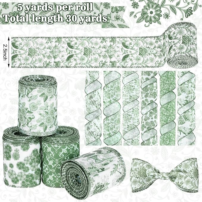 Lyrow 6 Rolls Chinoiserie Ribbon Sage Green Wired Edge Floral Ribbon Botanical Floral Flower Pattern Fabric Craft Wreath Bow Wrapping 2.52 Inches by 5 Yards