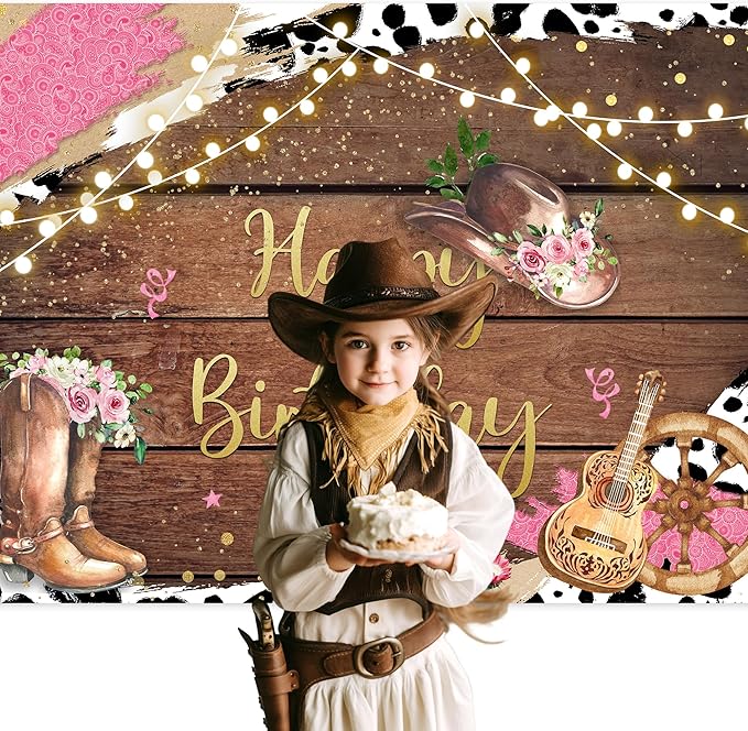SVBright Western Cowgirl Birthday Backdrop 7Wx5H Cute Cow Print Country Wild West Rustic Wooden Boho Flower Retro Boots Hat Farmhouse Decorations Photography Background Banner Photo Booth Studio