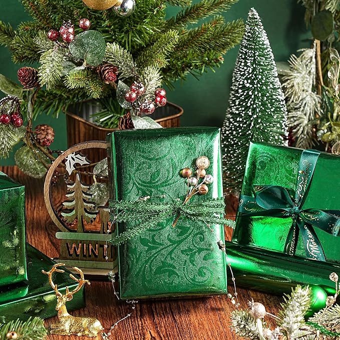 LeZakaa 3D Embossed Floral Foil Gift Wrapping Paper, Vintage Flower Metallic Foil for Birthday Christmas Party Holiday Gift Wrap, for DIY Crafts Scrapbook, Mini Roll 17 inch x 32.8 Ft(Green)