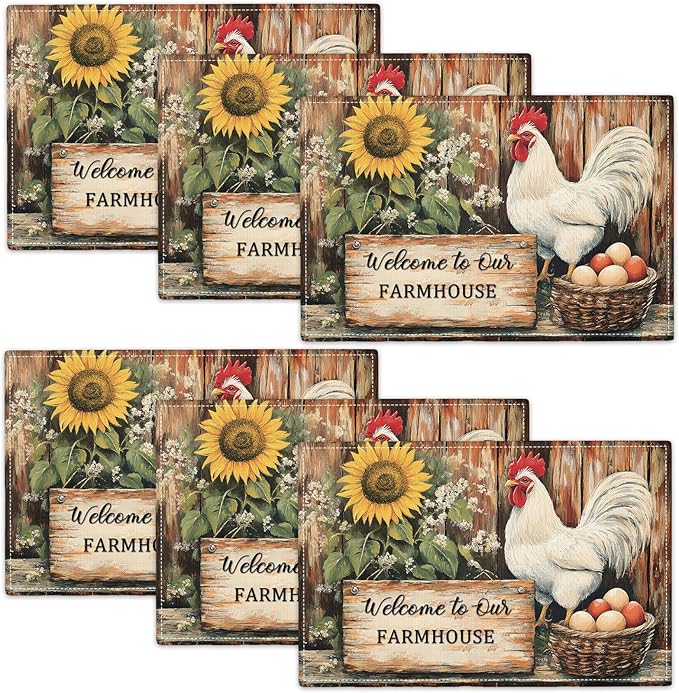 Farmhouse Rooster Placemats Set of 6, Rustic Chicken Place Mats, Country Sunflower Dining Table Mats, Washable Placemats for Kitchen Dining Room Home Decor 18L'' × 12W''