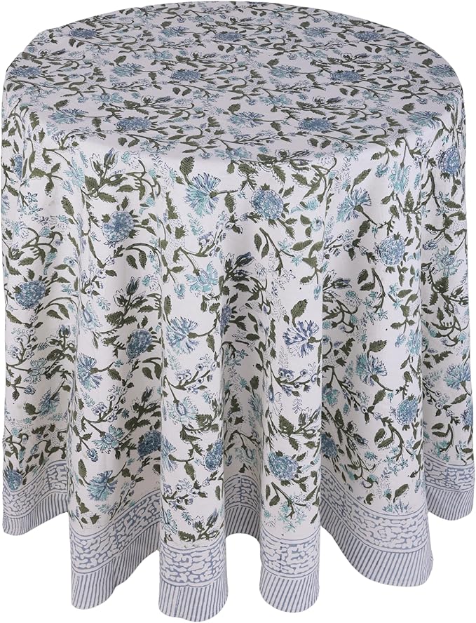 ATOSII Mahoka Blue 100% Cotton Round Tablecloth, Block Print Floral Table Cloth for Dining, Parties, Weddings, Outdoors, Holidays I 60" Inches I Grandmillennial Farmhouse Boho Spring Summer