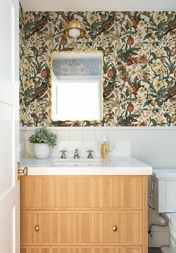 Erfoni 17.3" x197" Beige Retro Floral and Bird Contact Paper Vintage Peel and Stick Wallpaper for Bedroom DIY Self Adhesive Wall Paper Boho Floral Leaf Removable Wallpaper for Accent Wall Covering