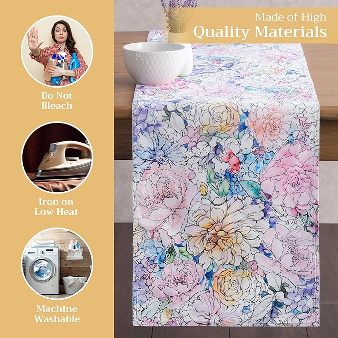 Maison d' Hermine Table Runner 100% Cotton Double Layer Table Runners 108 inches Long Decorative for Home Kitchen Dining Party Wedding Bridal Shower Spring Summer (Floral Love, 14.50" x 108")