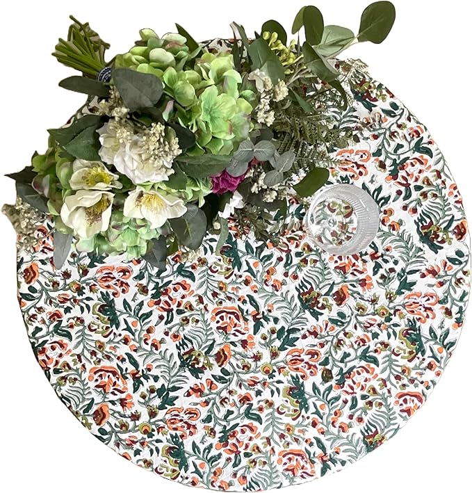 ATOSII Ambrosia Green 100% Cotton Round Tablecloth, Handblock Print Floral Table Cloth for Kitchen Dining Linen I Weddings, Outdoors, Thanksgiving, Christmas I Fall Home Decor I 90" Inches Round