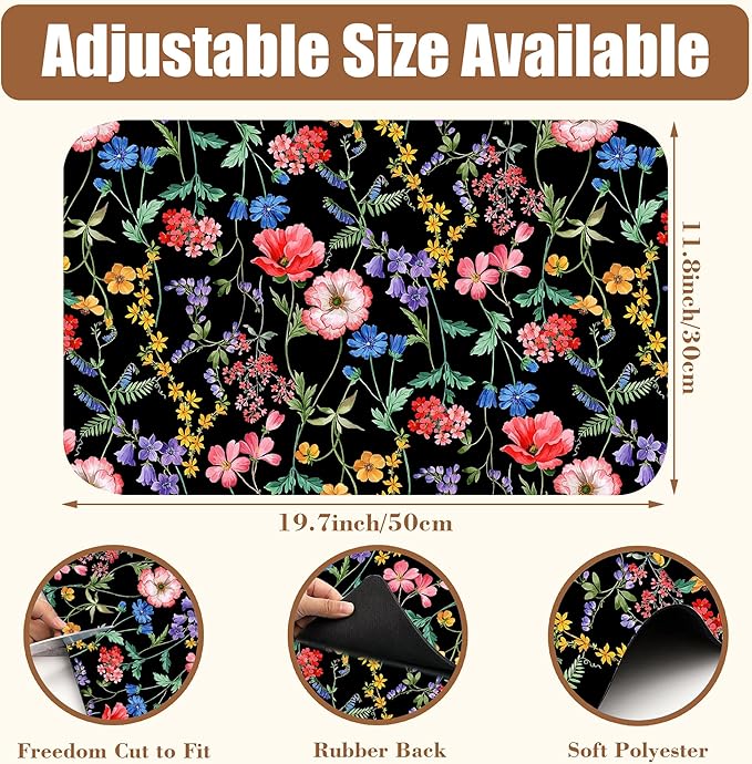 Beautiful Flowers Dish Drying Mat for Kitchen Counter Coffee Bar Mat Hide Stain Absorbent Rubber Backed Coffee Mat Coffee Maker Espresso Machine Coffee Bar Accessories 11.8 x 19.7 Inch