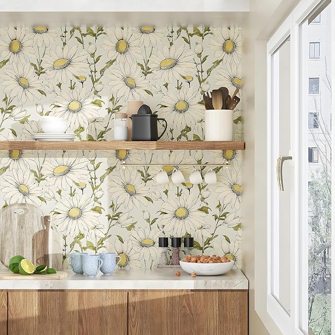 Boho Wallpaper Peel and Stick Daisy Floral Wallpaper 17.5in x 9.8ft Vintage Leaf Contact Paper Vinyl Self Adhesive Removable Modern Floral Wall Paper for Bedroom Walls Cabinet Drawer