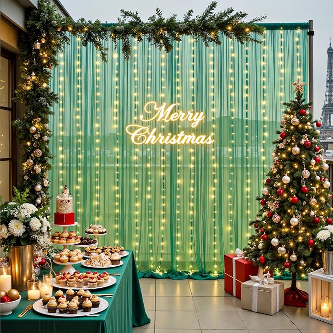 10ft x 10ft Hunter Green Tulle Photo Backdrop Curtain with Lights String for Christmas Party Sheer Curtain Backdrop Drapes for Birthday Party Holiday Wedding Photo Booth Background Room Decorations