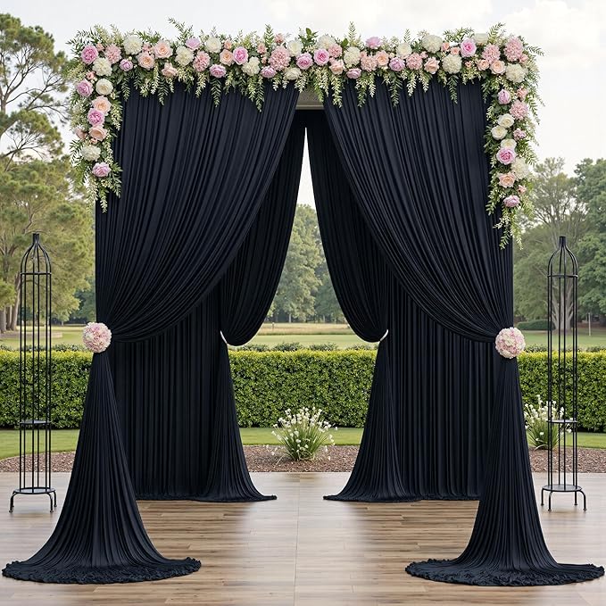 PartyVillage 30ft×15ft Black Backdrop Curtain for Halloween Parties, 6 Panels Wrinkle Free 15 FT Long Polyester Photo Backdrop Drapes Back Drop Cloth for Birthday Photography Background