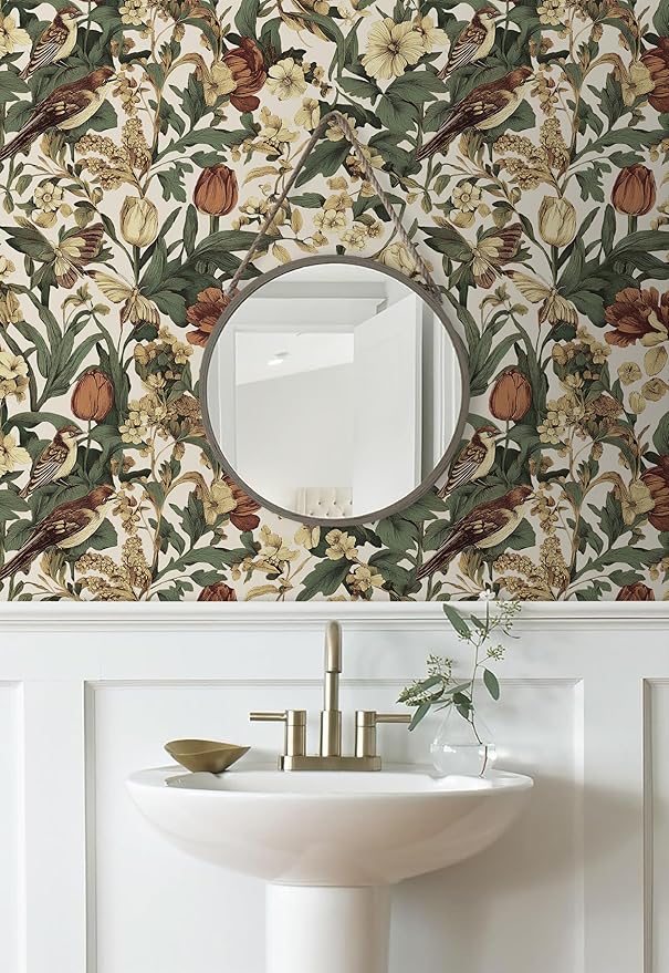 Erfoni 17.3" x118" Floral Birds Wallpaper Vintage Floral Peel and Stick Wallpaper Decoration DIY Self Adhesive Contact Paper Removable Wall Paper for Bedroom Cabinets Covering Boho Flower Leaf Beige