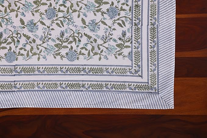 ATOSII Mahoka Blue 100% Cotton Rectangle Tablecloth, Handblock Floral Print Linen Table Cloth for Kitchen Dining I Parties, Outdoors, Weddings, Holidays, Summer I 72 X 108 Inches I 8 Seater
