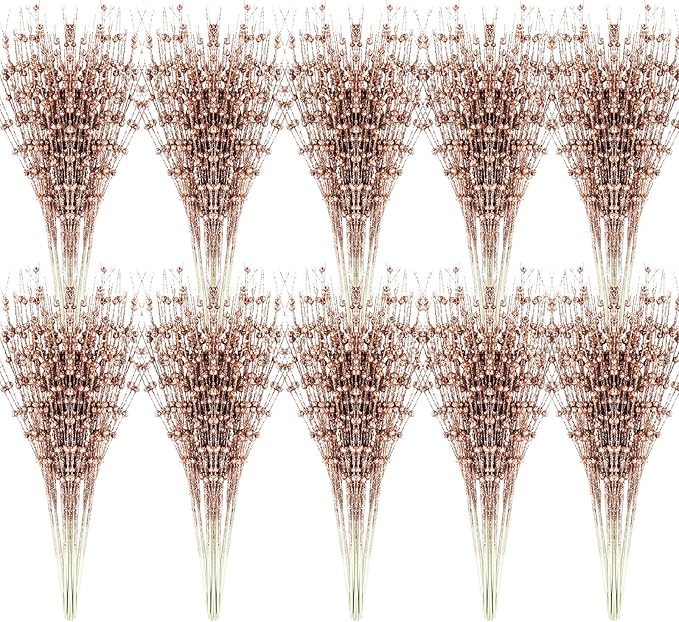 Geosar 30 Pcs Christmas Artificial Glitter Berry Stem Decorations 17 Inch Faux Stick Floral Pick Centerpiece Bouquet Flower Bead Twigs for Centerpiece Tree Wreath Xmas Ornaments Home(Rose Gold)