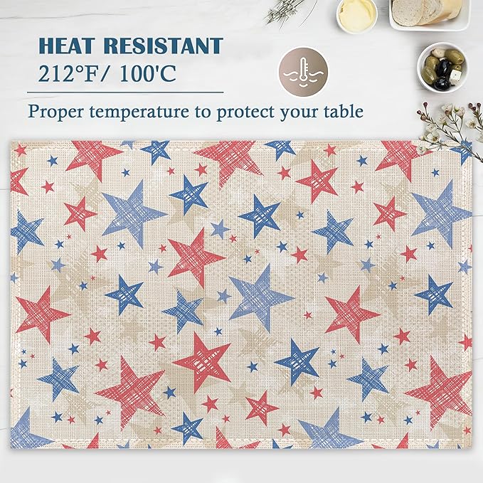 Patriotic Placemats Set of 4, Colorful American Stars Linen Place Mats Heat Resistant Non-Slip Washable Table Mats for Dining Kitchen Party Decor 12"x18"