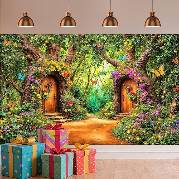 20X10ft Enchanted Forest Backdrop Fairy Tale Green Garden Wonderland Tree House Floral Butterfly Background for Kids Girl Baby Shower Birthday Party Decoration Banner Cake Table Photo Booth Props