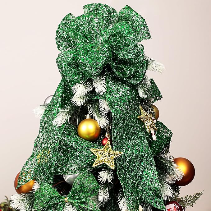 VATIN 4" Green Christmas Ribbon, Green Glitter Mesh Diamond Web Sequin Dots Wired Christmas Ribbon for Gift Wrapping Bow Making Wreath Supply-10 Yards