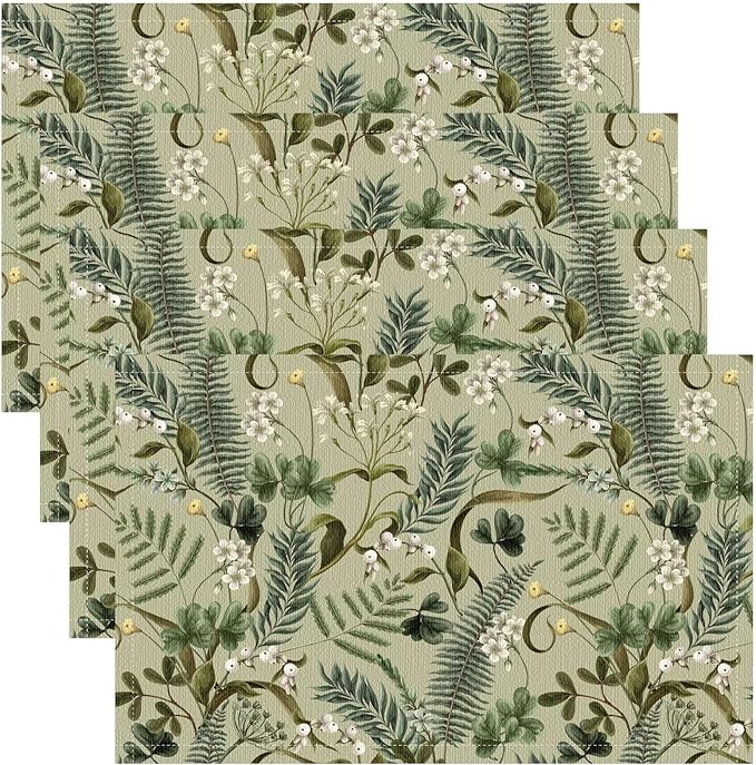 Retro Plant Placemats Set of 4, 17x12 Inch Green Leaves Retro Elegant Nature Plant Aesthetic Table Mats for Home Party Kitchen Dining Decor