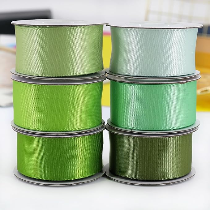 Sage Green Satin Ribbon Solid Fabric Ribbons 1'' inch Double-Faced Satin Ribbon for Gift Wrapping, Wedding, Birthday, Baby Shower Decor Floral Bouquet Crafts- 6 Colors X 5 Yards Each