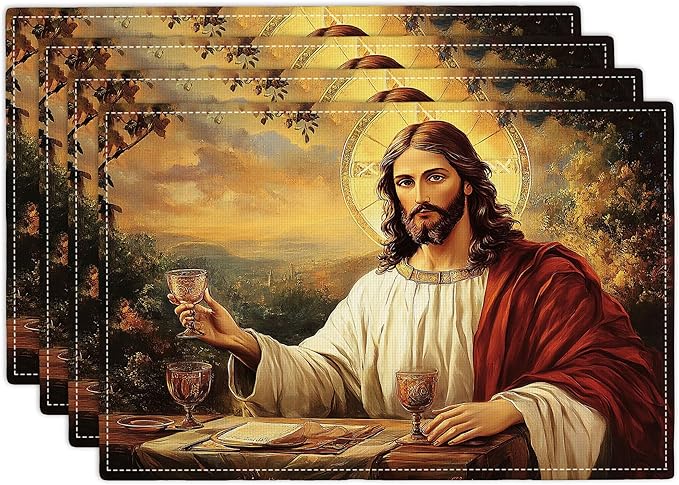 Christian Jesus Placemats Set of 4 Christian Gift Religious Jesus Christ Faith Place Mat Machine Washable Place Mats for Dinner Table Mats 4 PCS
