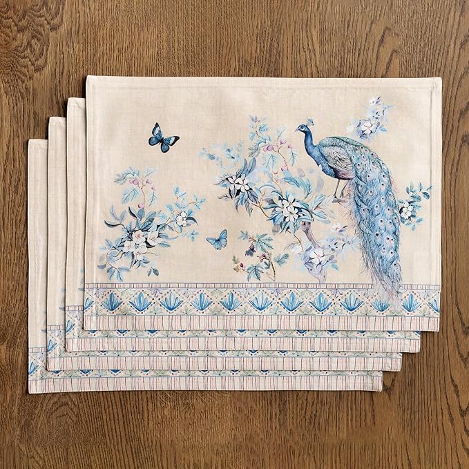Maison d' Hermine Placemats 100% Combed Cotton Premium Set of 4 Decorative Table Cloth Placemat, Dining, Holidays, Buffet Party - Peacock Utopia - Sandy Beach (13 Inch x 19 Inch)