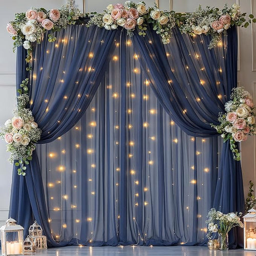 10x10ft Navy Blue Tulle Backdrop Curtain with Lights String for Parites, Sheer Backdrop Curtains for Wedding Baby Shower Birthday Party Photo Shoot Decorations