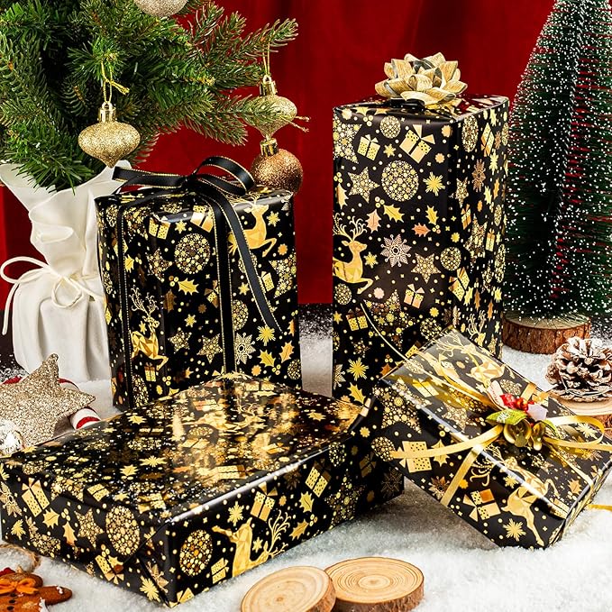 MAYPLUSS Shiny Christmas Wrapping Paper Roll - 17 Inch X 33 Feet - Luxury Metallic Foil Golden Reindeer Gift Snowflake Star on Black Design Winter Holiday Gift Wrap Paper for Party Birthday Wedding