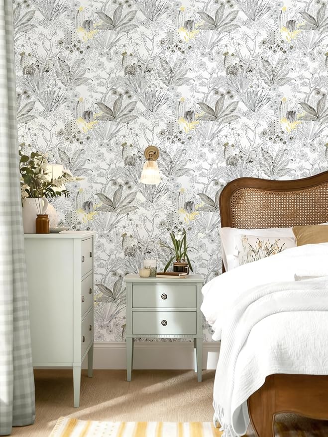 Wudnaye Floral Peel and Stick Wallpaper Vintage Contact Paper 17.7 inch × 393.6 inch Gray Flower Wallpapers Stick and Peel Removable Contact Paper White Waterproof for Bathroom Self Adhesive Vinyl
