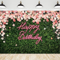 Riyidecor Happy Birthday Backdrop Vinyl for Women Neon Flower Wall Pink Rose Green Leaves Floral Blossom Botanical Plant Nature 10Wx8H Feet Girls Photography Background Birthday Photo Studio Shoot