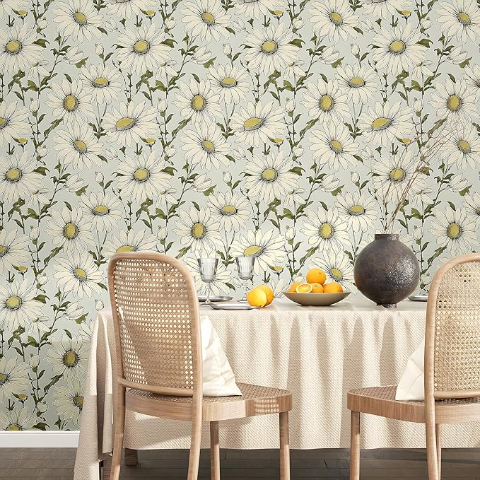 Boho Wallpaper Peel and Stick Daisy Floral Wallpaper 17.5in x 9.8ft Vintage Leaf Contact Paper Vinyl Self Adhesive Removable Modern Floral Wall Paper for Bedroom Walls Cabinet Drawer