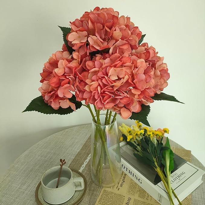 Coral Hydrangea Artificial Flowers,6 Pcs Faux Hydrangea Flowers,Artificial Hydrangeas Flowers with Stems,Fake Hydrangeas, Silk Flowers Color with Stems for Home Decor (6, Coral)
