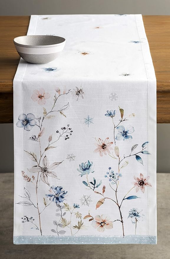 Maison d' Hermine Table Runner 100% Cotton Single Layer Table Runners 60 inches Long for Thanksgiving Christmas Decorations Home Kitchen Dining Party Wedding (Ice Florals, 14.5" x 60")