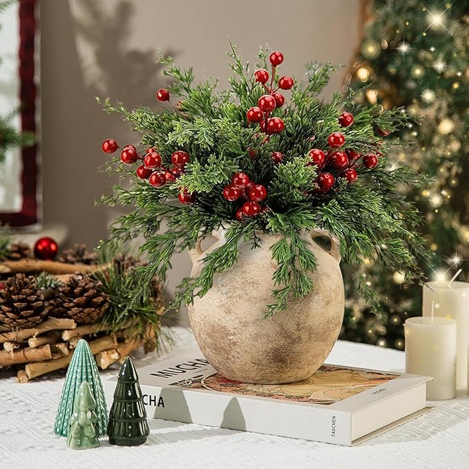 6in Ceramic Flower Vase with Handle - Small Short Terracotta Vases - Vintage Porcelain Vase for Home Decor - Christmas Decorative Farmhouse Vase Living Room Shelf Table, Lyeec