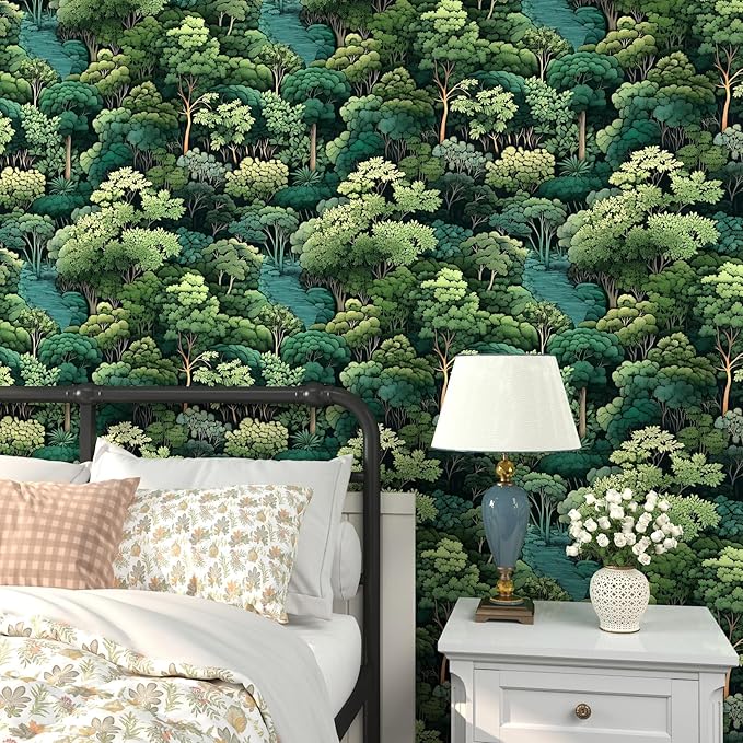 Forest Wallpaper Peel and Stick, Green Trees Contact Paper, Vintage Woodland Mountain Botanical Wall Paper Self Adhesive Waterproof Removable for Room Shelves Cabinet Drawer Table Decor 17.5" x 78.7"