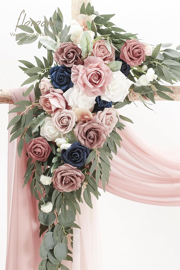Floroom Arch Flowers with Drapes Kit (Pack of 4) - 2pcs Artificial Dusty Rose & Navy Blue Floral Swag Arrangement with 2pcs Draping Fabric for Wedding Ceremony Arbor and Reception Backdrop Decoration